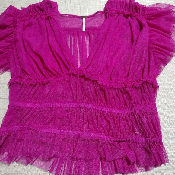 Free People Women's Making Me Smile Top Cropped Sheer V-Neck Ruched Size S - Picture 3 of 8